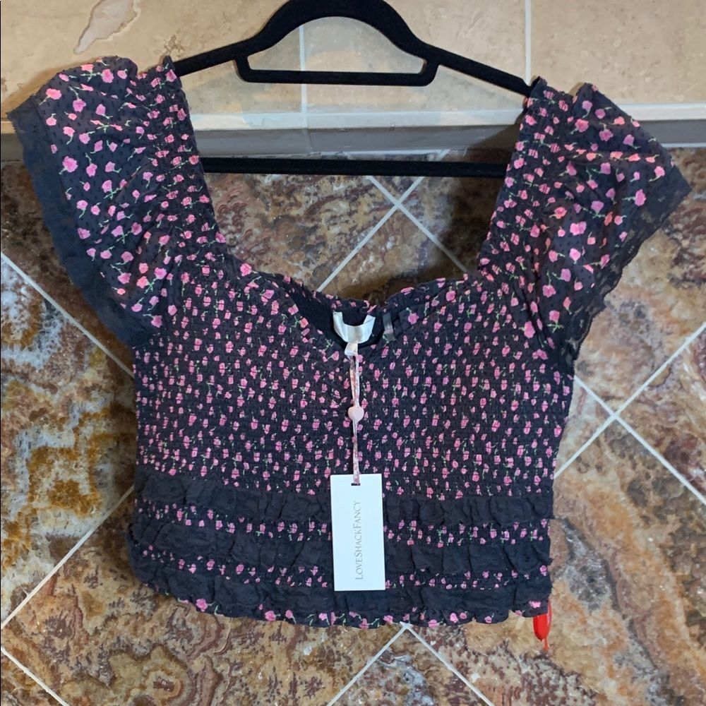 LOVESHACKFANCY
Beaming Top Navy and Pink Ruffle Crop Top XL NWT